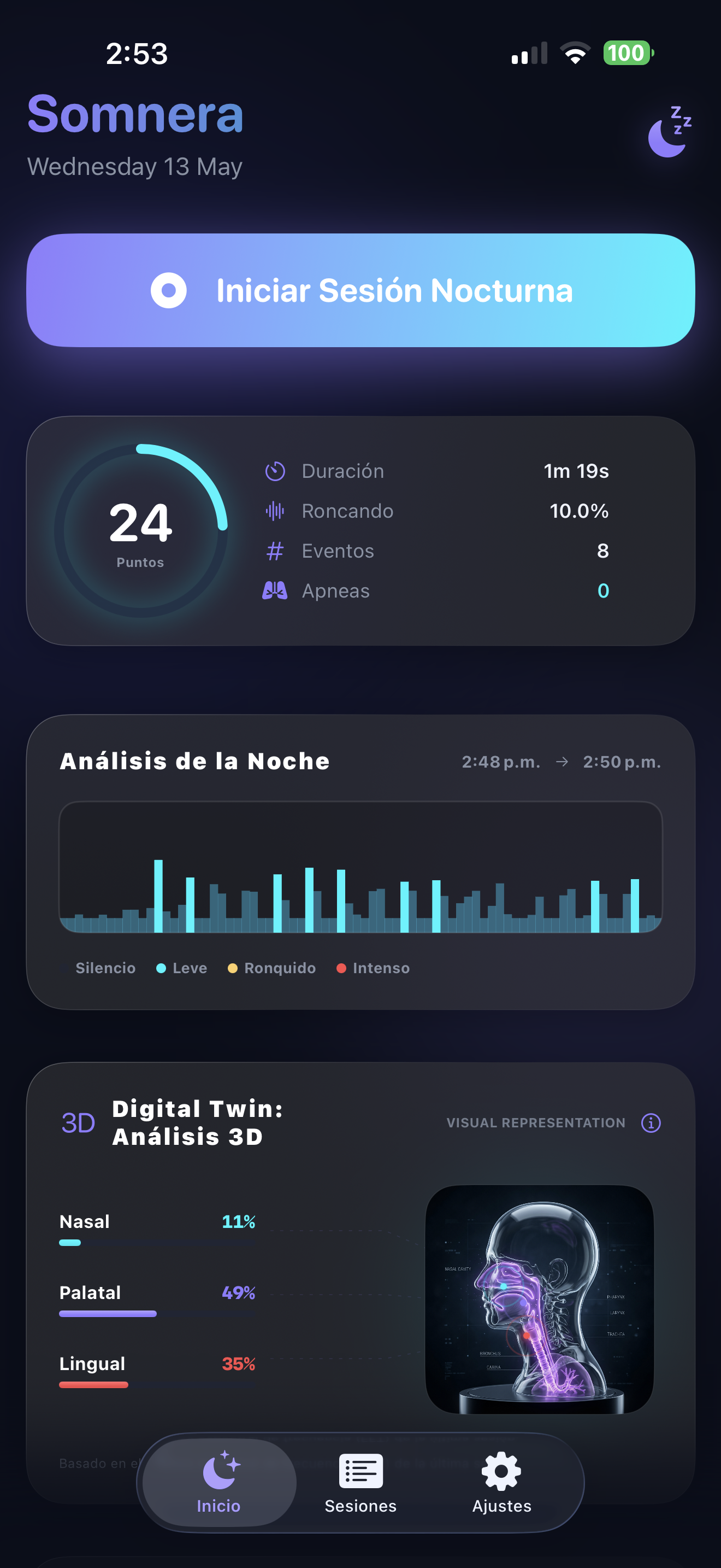Pantalla principal de Somnera con resumen nocturno
