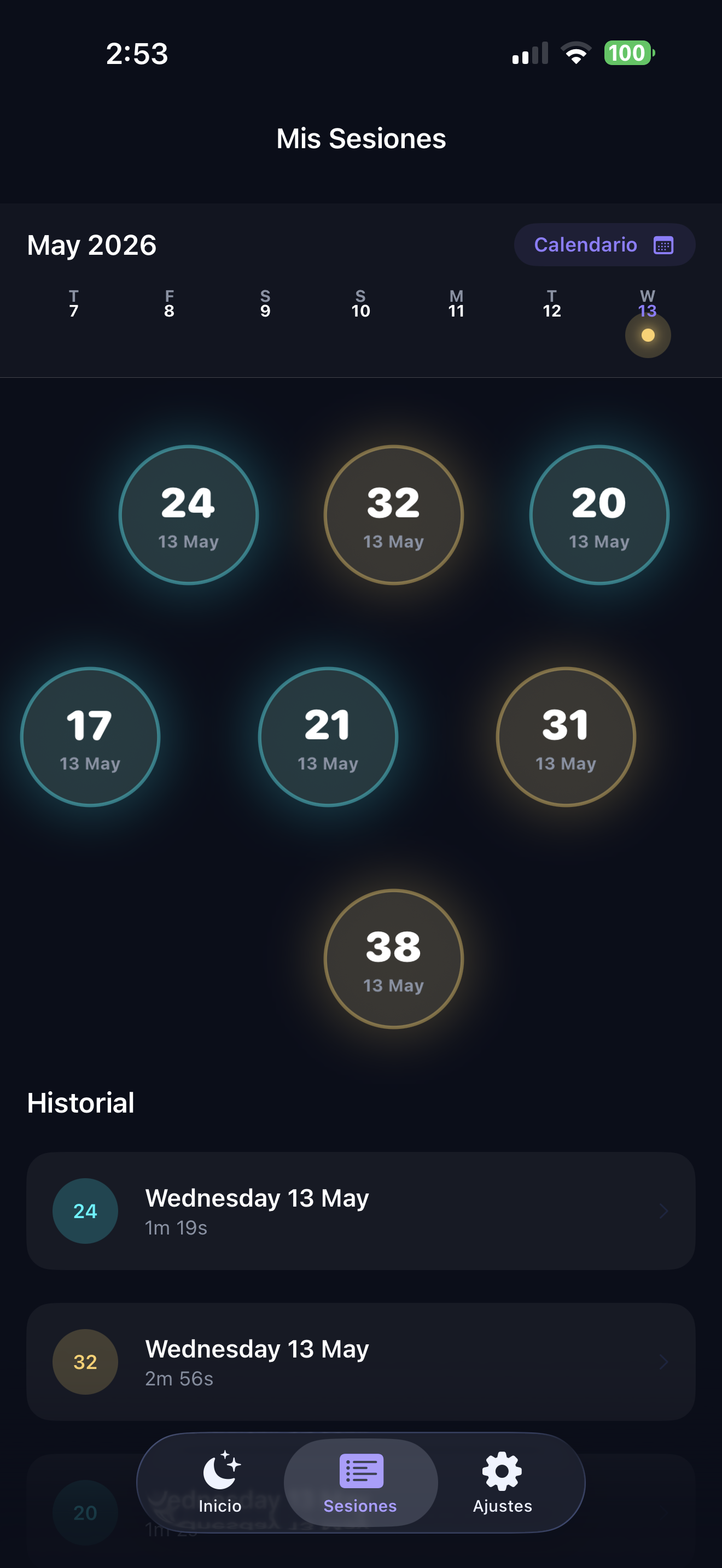 Calendario e historial de sesiones en Somnera