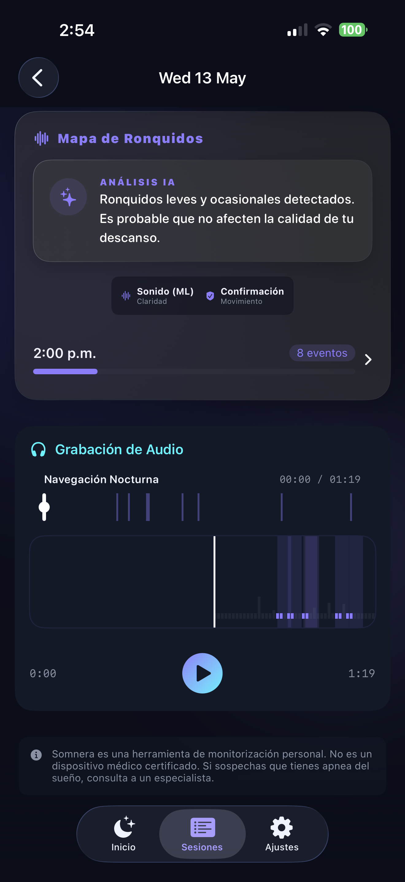 Mapa de ronquidos y reproducción de audio