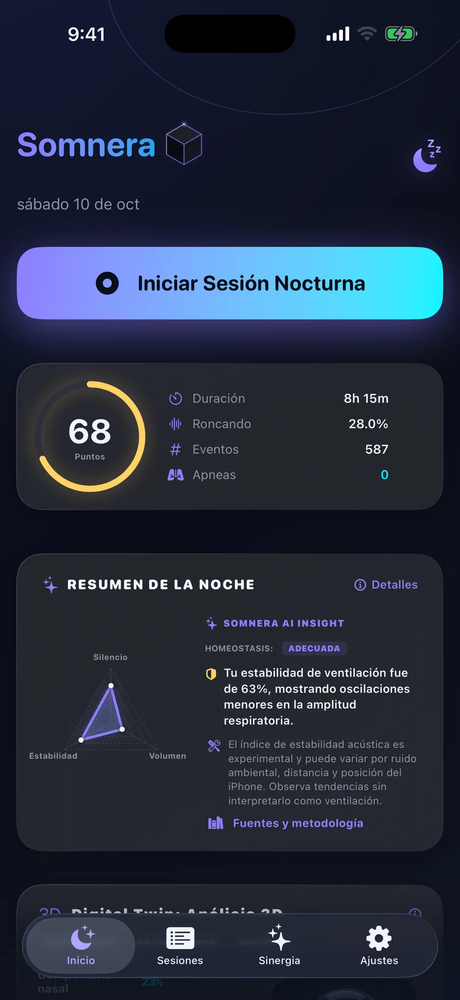 Panel de Somnera en iPhone con el resumen de la noche